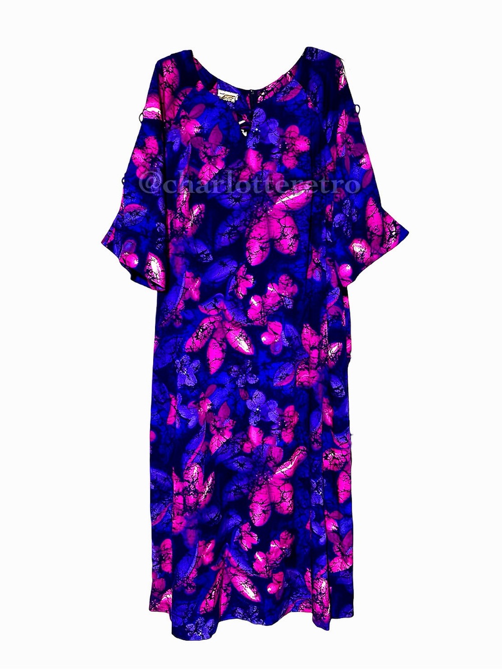 60s vtg Hilo Hattie Floral Maxi w Split Flutter Sleeves
